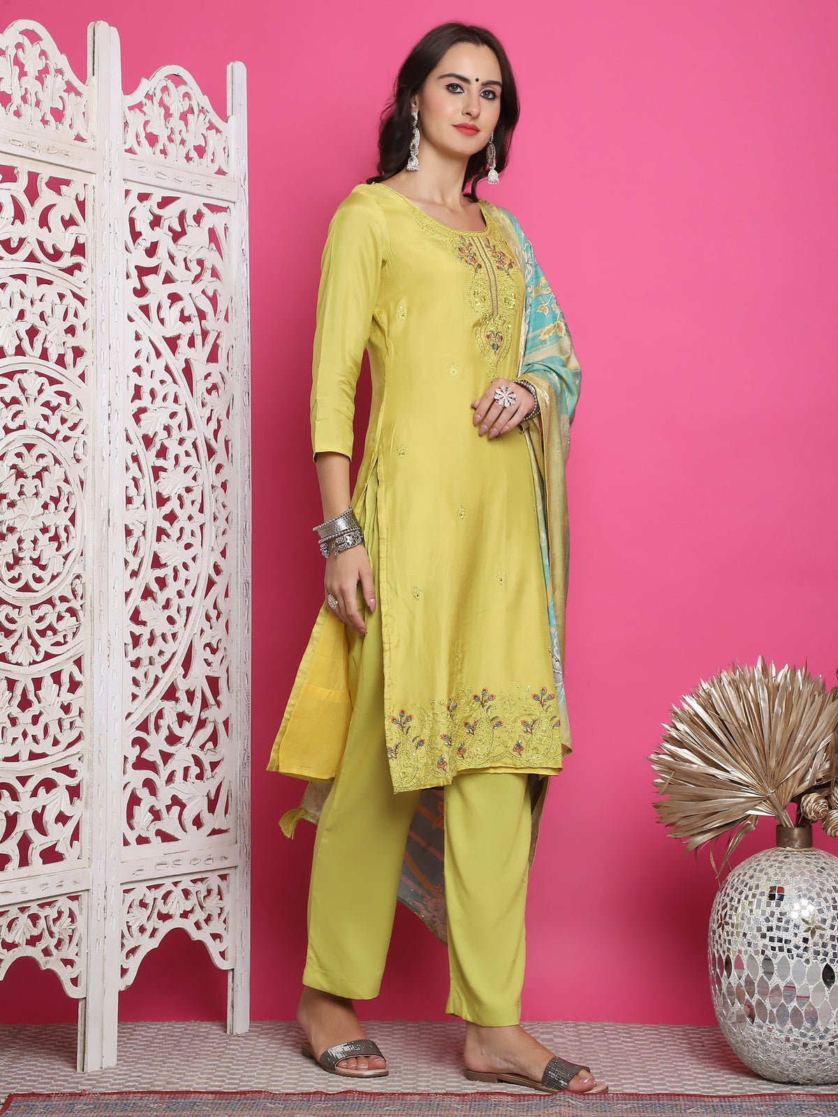 Jyoti Fashion Women's Lemon Yellow Muslin Floral Resham Embroidery Kurta with Trouser & Dupatta | Grocsy