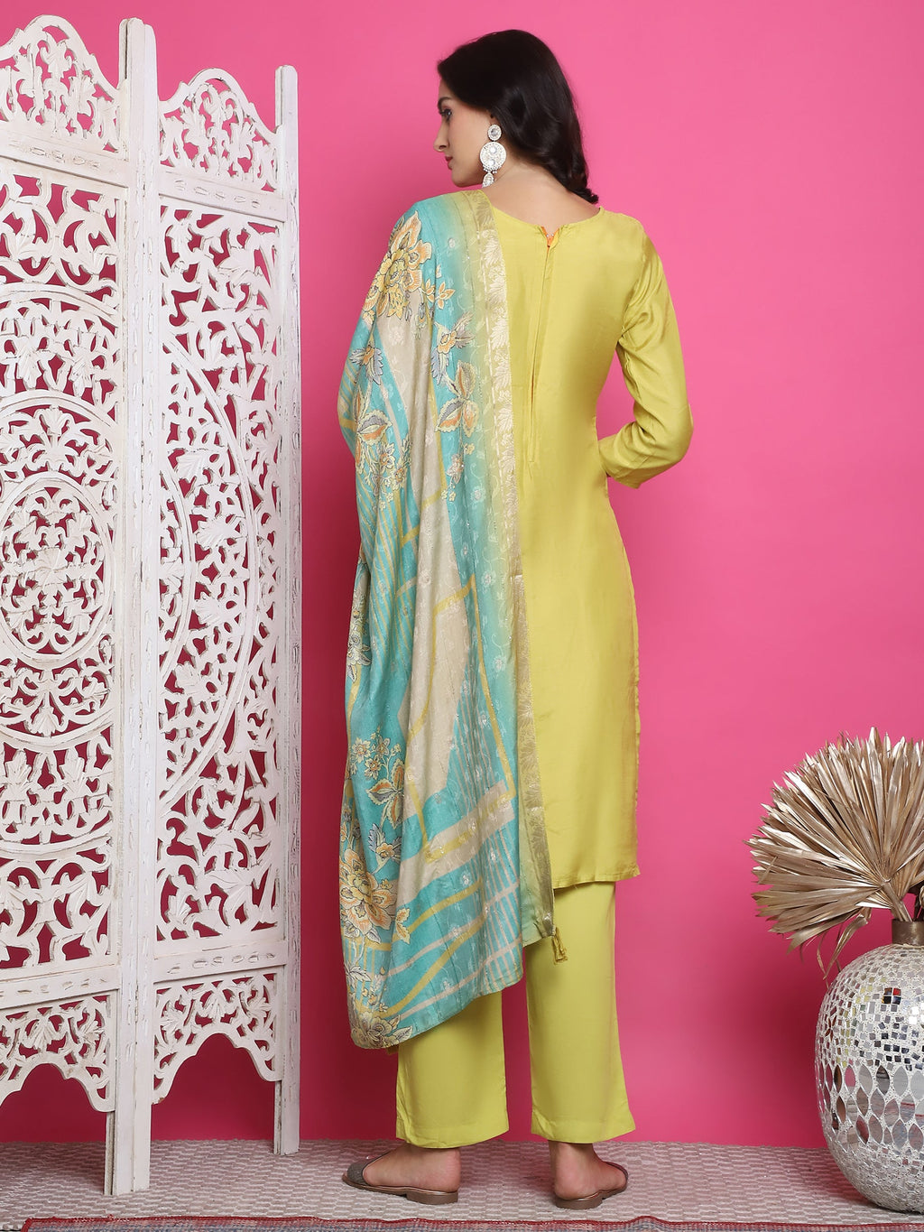 Jyoti Fashion Women's Lemon Yellow Muslin Floral Resham Embroidery Kurta with Trouser & Dupatta | Grocsy