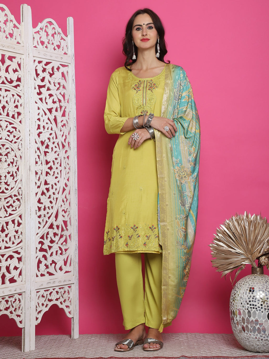 Jyoti Fashion Women's Lemon Yellow Muslin Floral Resham Embroidery Kurta with Trouser & Dupatta | Grocsy