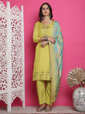 Jyoti Fashion Women's Lemon Yellow Muslin Floral Resham Embroidery Kurta with Trouser & Dupatta | Grocsy