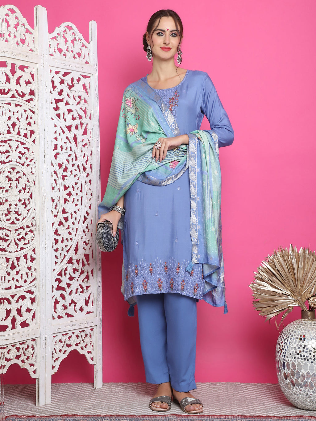 Jyoti Fashion Women's Blue Muslin Floral Resham Embroidery Kurta with Trouser & Dupatta | Grocsy