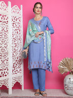 Jyoti Fashion Women's Blue Muslin Floral Resham Embroidery Kurta with Trouser & Dupatta | Grocsy