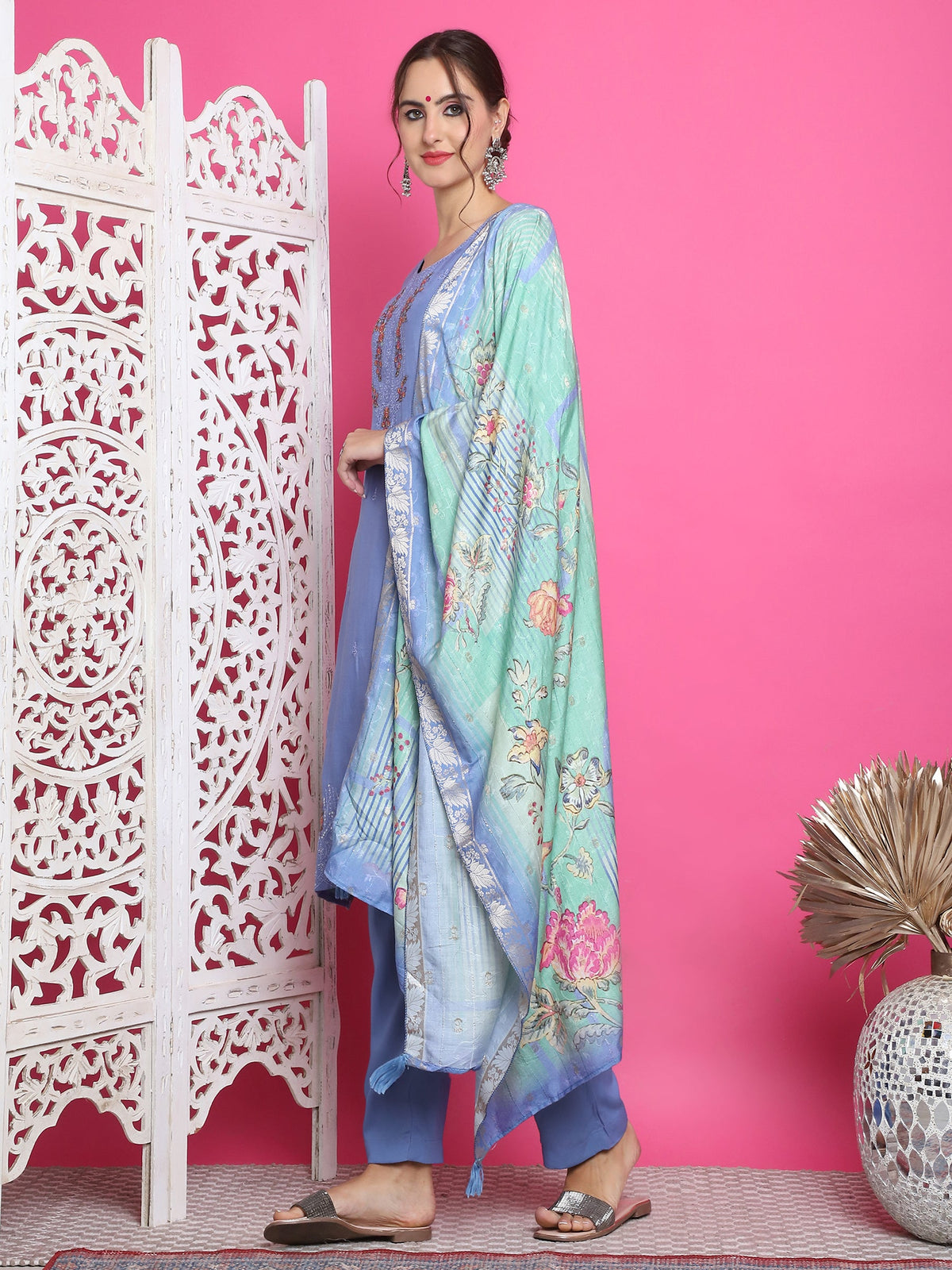 Jyoti Fashion Women's Blue Muslin Floral Resham Embroidery Kurta with Trouser & Dupatta | Grocsy