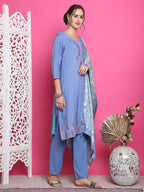 Jyoti Fashion Women's Blue Muslin Floral Resham Embroidery Kurta with Trouser & Dupatta | Grocsy