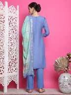 Jyoti Fashion Women's Blue Muslin Floral Resham Embroidery Kurta with Trouser & Dupatta | Grocsy