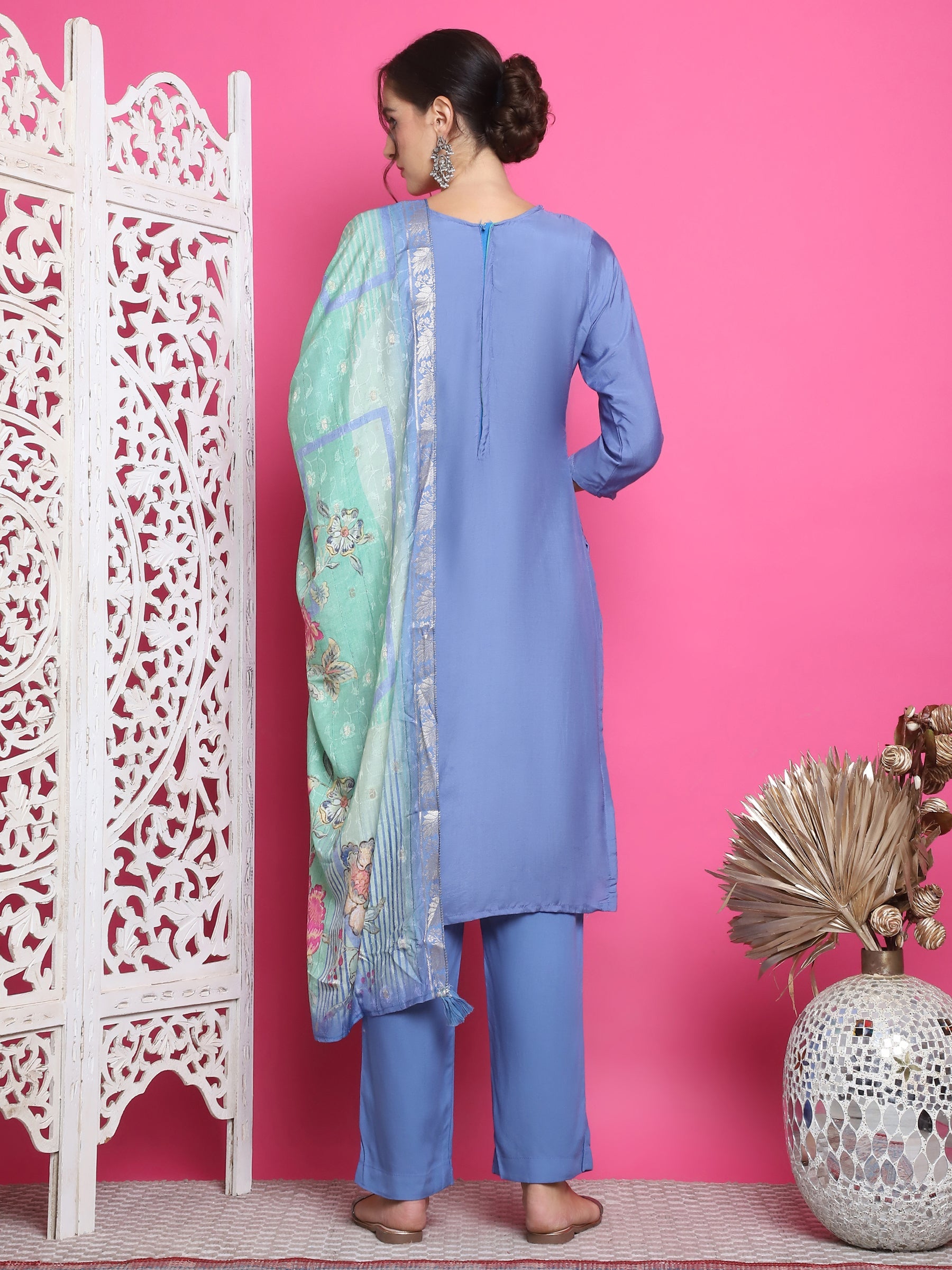 Jyoti Fashion Women's Blue Muslin Floral Resham Embroidery Kurta with Trouser & Dupatta | Grocsy