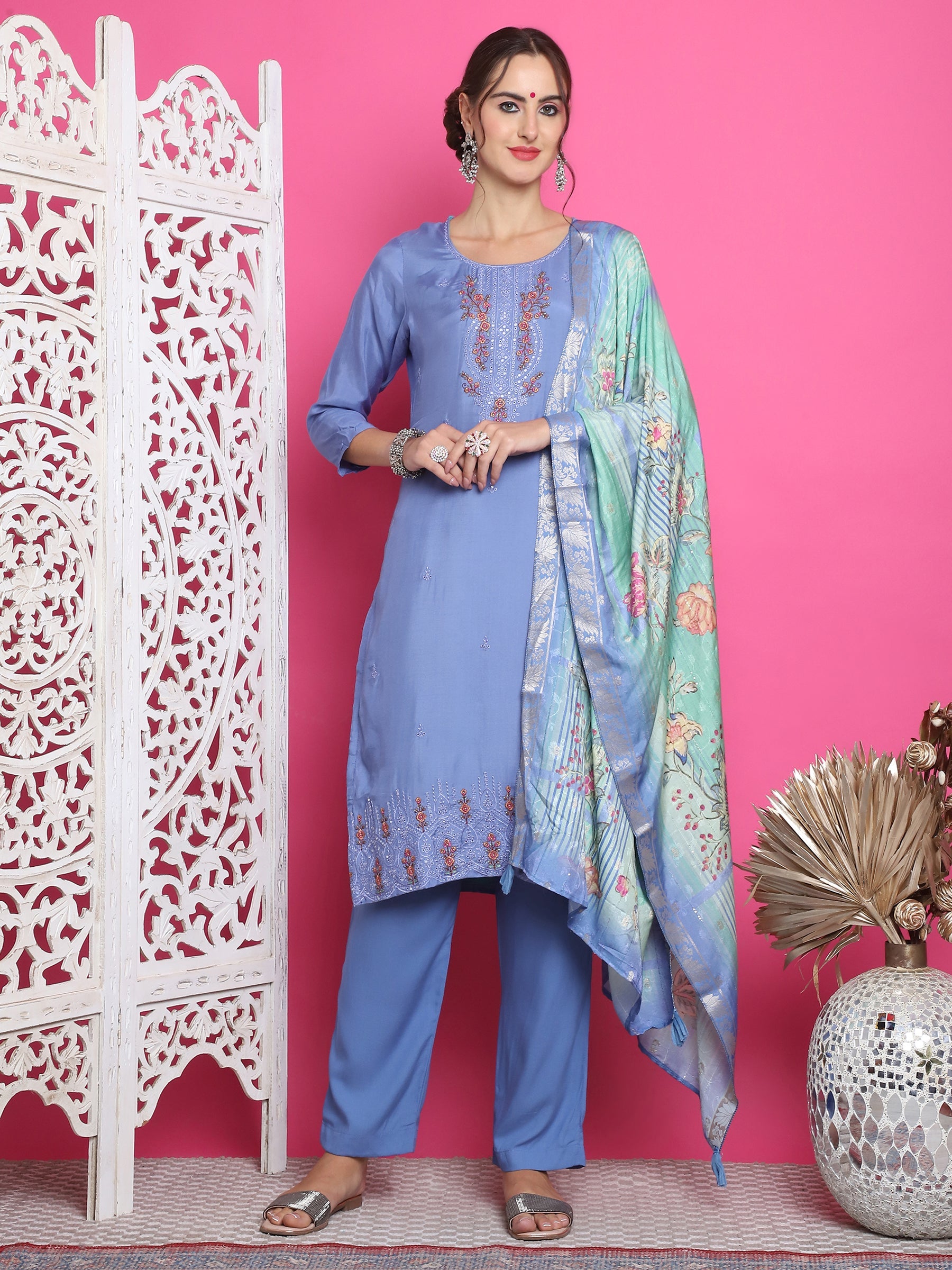 Jyoti Fashion Women's Blue Muslin Floral Resham Embroidery Kurta with Trouser & Dupatta | Grocsy