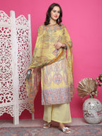 Jyoti Fashion Women's Yellow Satin Traditional Digital Print with Crystal work Kurta with Trouser & Dupatta | Grocsy