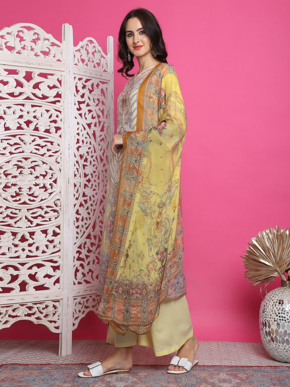 Jyoti Fashion Women's Yellow Satin Traditional Digital Print with Crystal work Kurta with Trouser & Dupatta | Grocsy