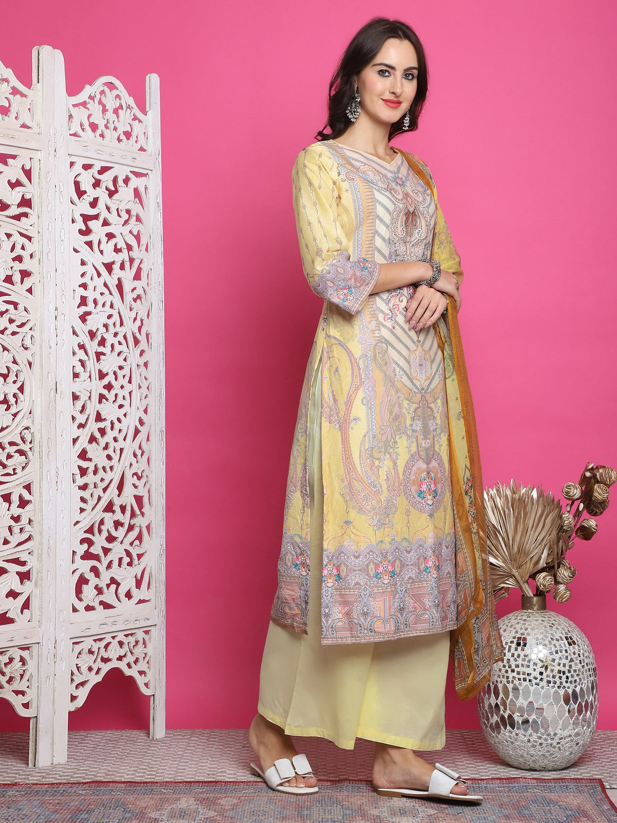 Jyoti Fashion Women's Yellow Satin Traditional Digital Print with Crystal work Kurta with Trouser & Dupatta | Grocsy