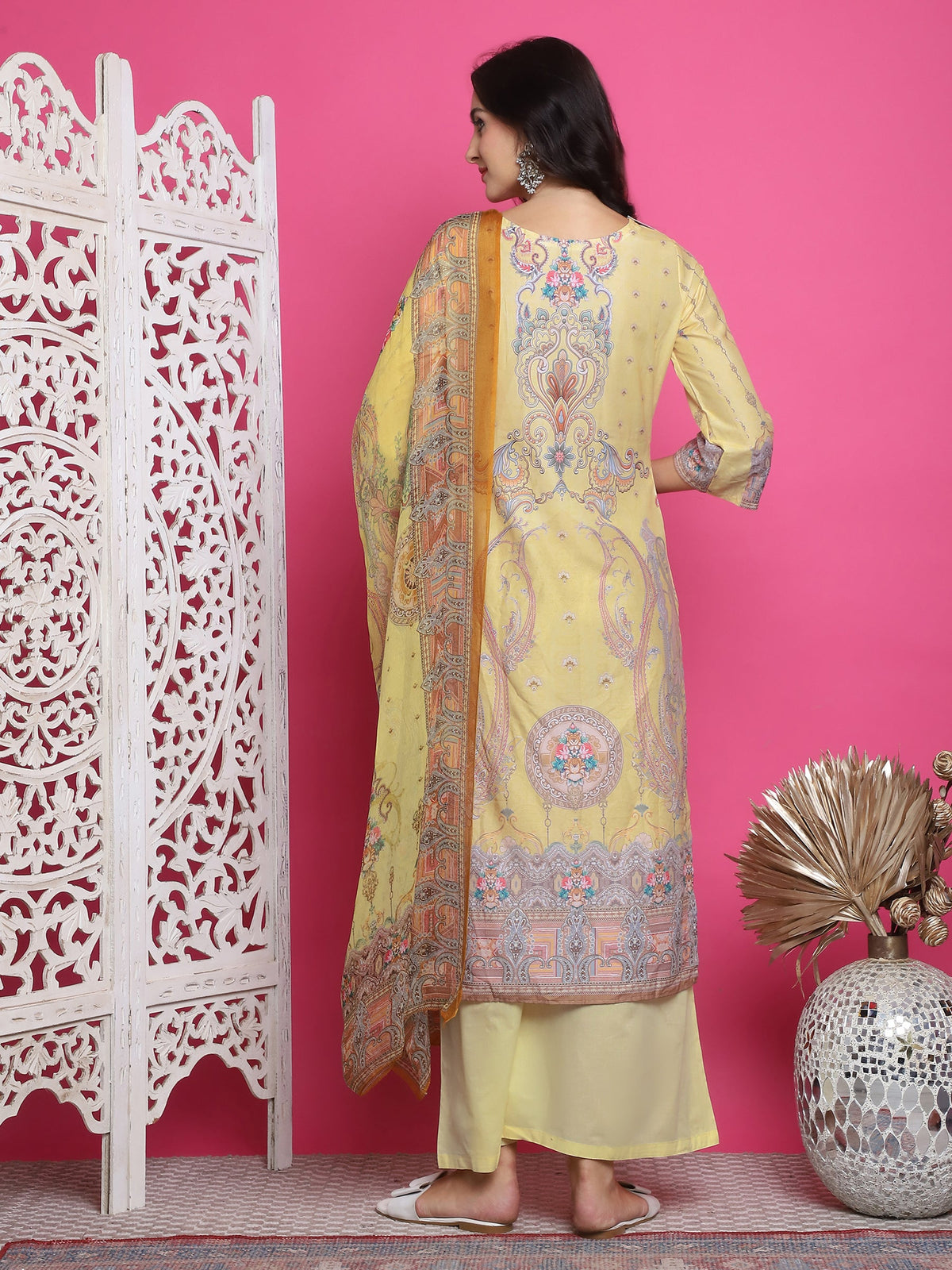 Jyoti Fashion Women's Yellow Satin Traditional Digital Print with Crystal work Kurta with Trouser & Dupatta | Grocsy