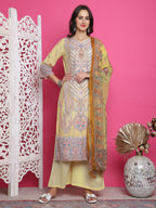 Jyoti Fashion Women's Yellow Satin Traditional Digital Print with Crystal work Kurta with Trouser & Dupatta | Grocsy
