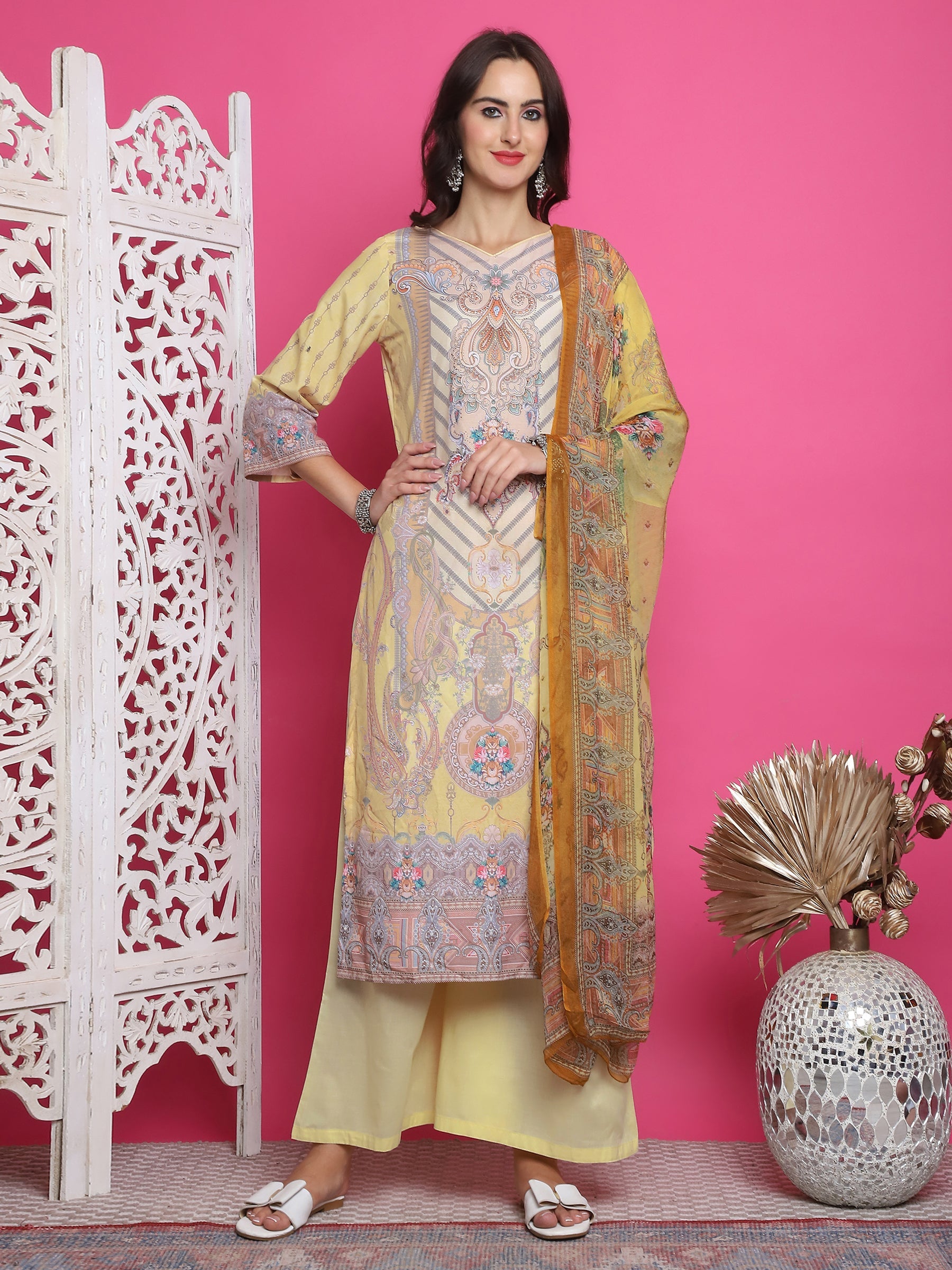 Jyoti Fashion Women's Yellow Satin Traditional Digital Print with Crystal work Kurta with Trouser & Dupatta | Grocsy