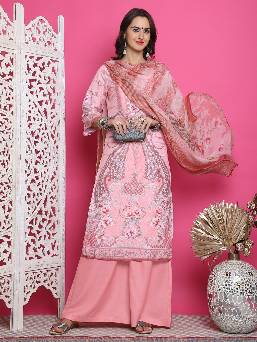 Jyoti Fashion Women's Pink Satin Traditional Digital Print with Crystal work Kurta with Trouser & Dupatta | Grocsy