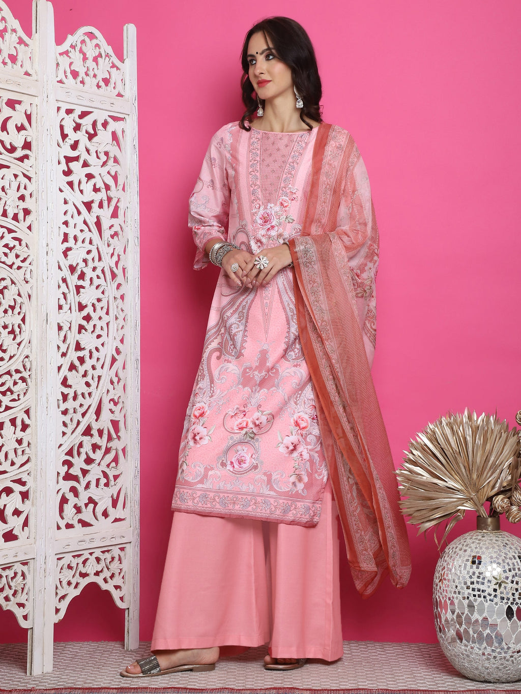 Jyoti Fashion Women's Pink Satin Traditional Digital Print with Crystal work Kurta with Trouser & Dupatta | Grocsy