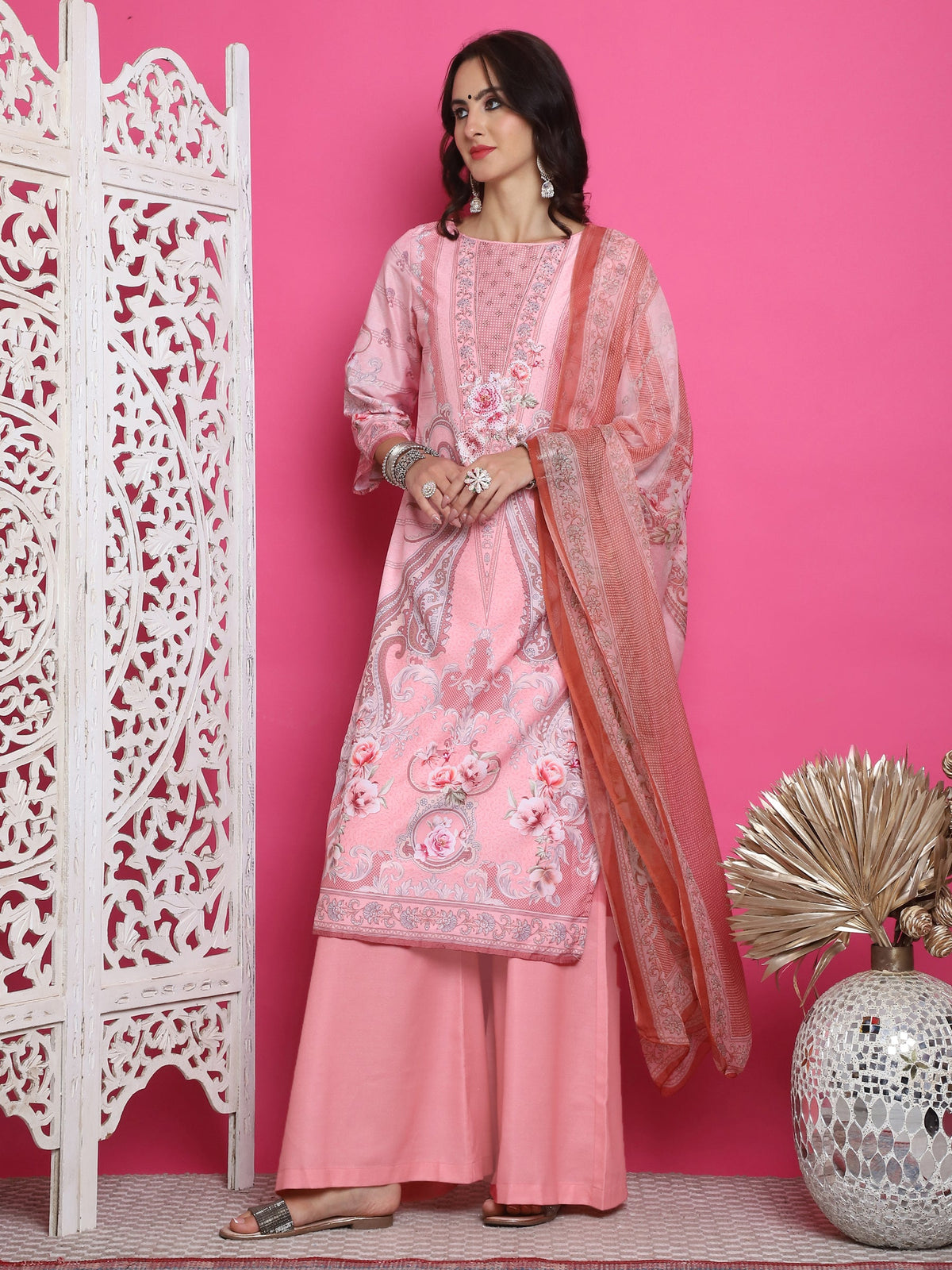 Jyoti Fashion Women's Pink Satin Traditional Digital Print with Crystal work Kurta with Trouser & Dupatta | Grocsy