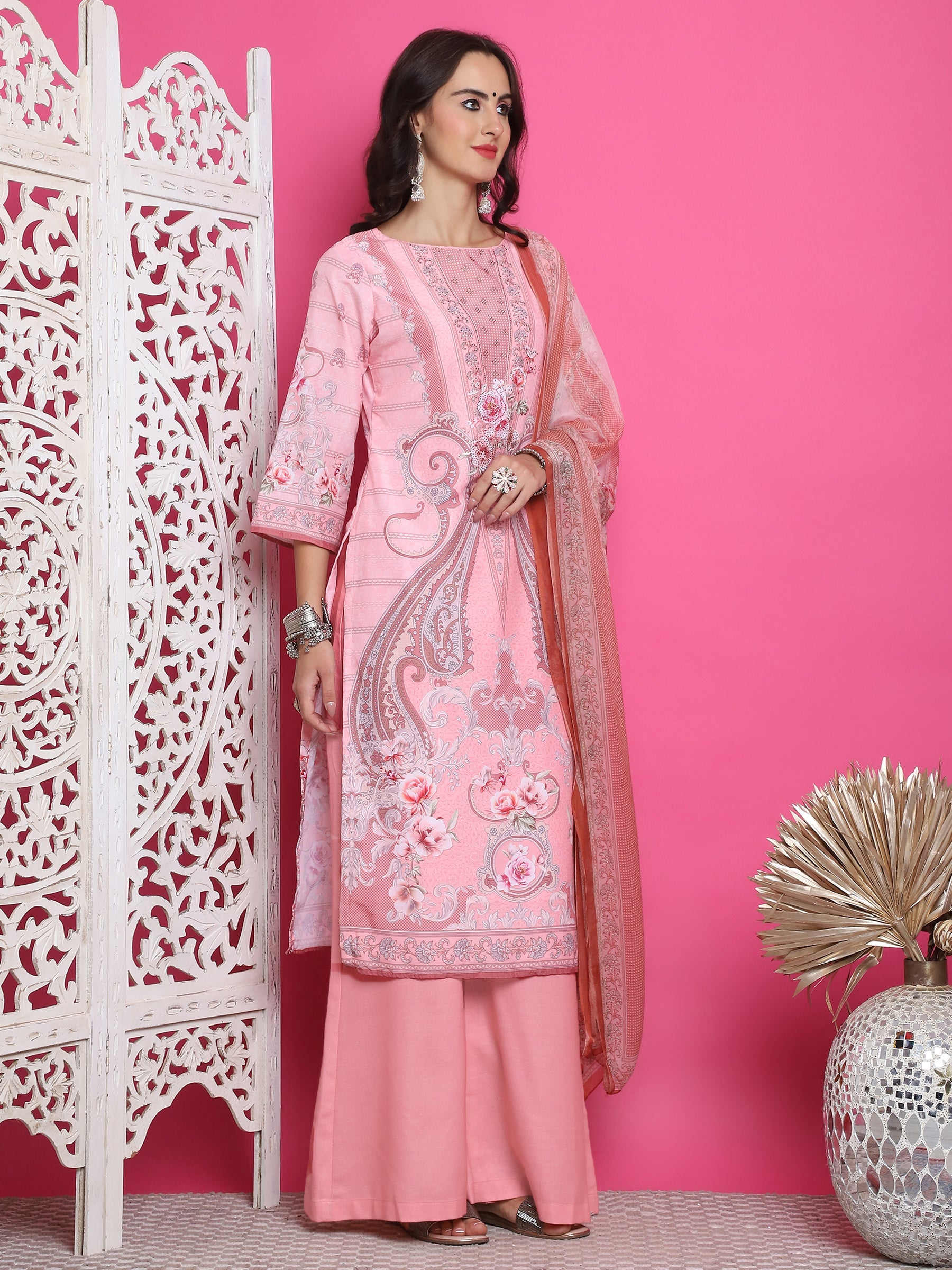 Jyoti Fashion Women's Pink Satin Traditional Digital Print with Crystal work Kurta with Trouser & Dupatta | Grocsy