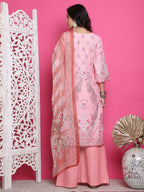 Jyoti Fashion Women's Pink Satin Traditional Digital Print with Crystal work Kurta with Trouser & Dupatta | Grocsy
