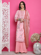 Jyoti Fashion Women's Pink Satin Traditional Digital Print with Crystal work Kurta with Trouser & Dupatta | Grocsy