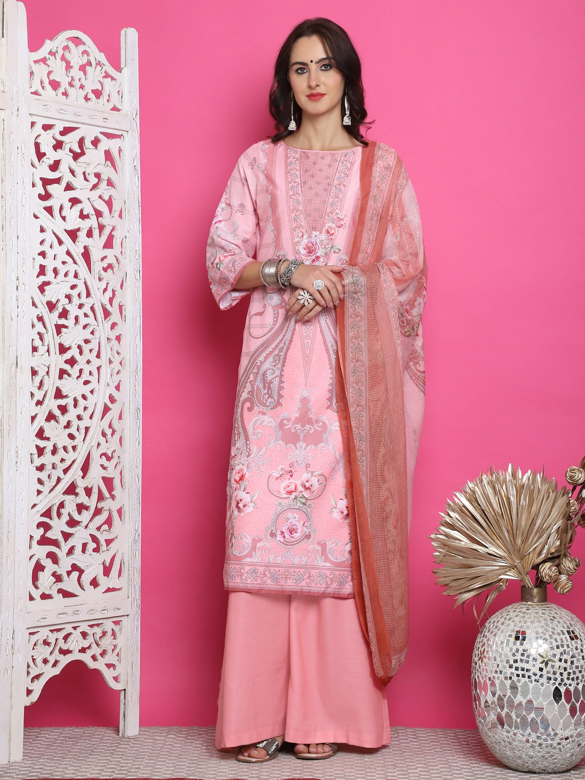Jyoti Fashion Women's Pink Satin Traditional Digital Print with Crystal work Kurta with Trouser & Dupatta | Grocsy