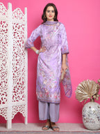 Jyoti Fashion Women's Lavender Satin Traditional Digital Print with Crystal work Kurta with Trouser & Dupatta | Grocsy