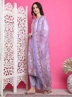Jyoti Fashion Women's Lavender Satin Traditional Digital Print with Crystal work Kurta with Trouser & Dupatta | Grocsy