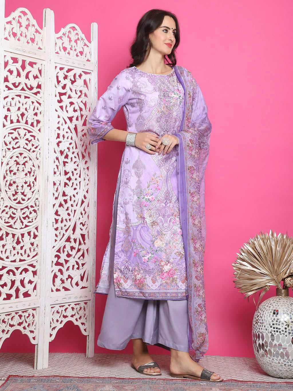 Jyoti Fashion Women's Lavender Satin Traditional Digital Print with Crystal work Kurta with Trouser & Dupatta | Grocsy