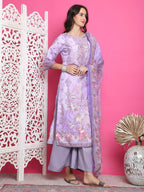 Jyoti Fashion Women's Lavender Satin Traditional Digital Print with Crystal work Kurta with Trouser & Dupatta | Grocsy