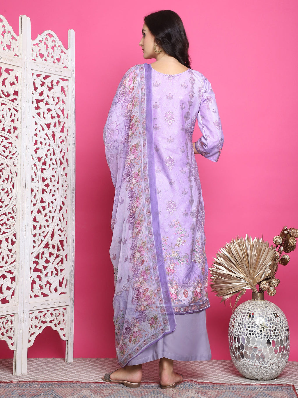 Jyoti Fashion Women's Lavender Satin Traditional Digital Print with Crystal work Kurta with Trouser & Dupatta | Grocsy