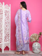 Jyoti Fashion Women's Lavender Satin Traditional Digital Print with Crystal work Kurta with Trouser & Dupatta | Grocsy