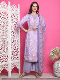 Jyoti Fashion Women's Lavender Satin Traditional Digital Print with Crystal work Kurta with Trouser & Dupatta | Grocsy