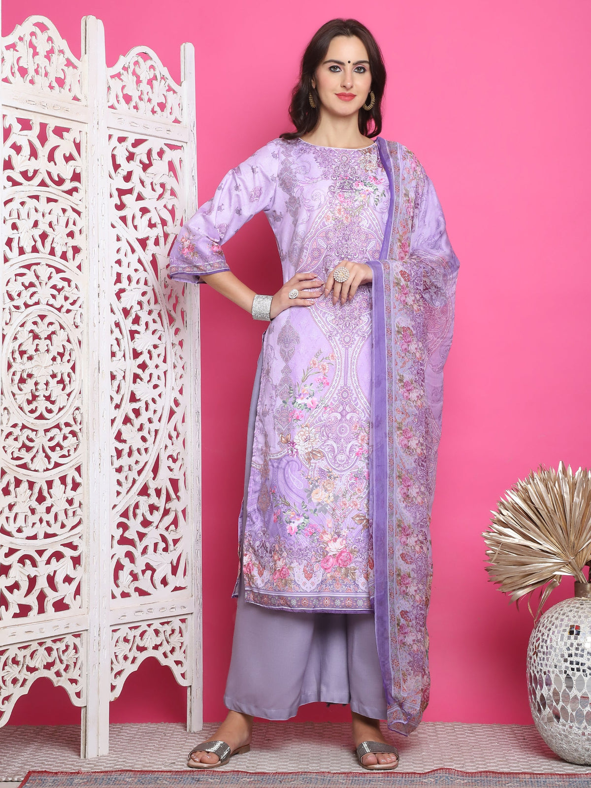 Jyoti Fashion Women's Lavender Satin Traditional Digital Print with Crystal work Kurta with Trouser & Dupatta | Grocsy