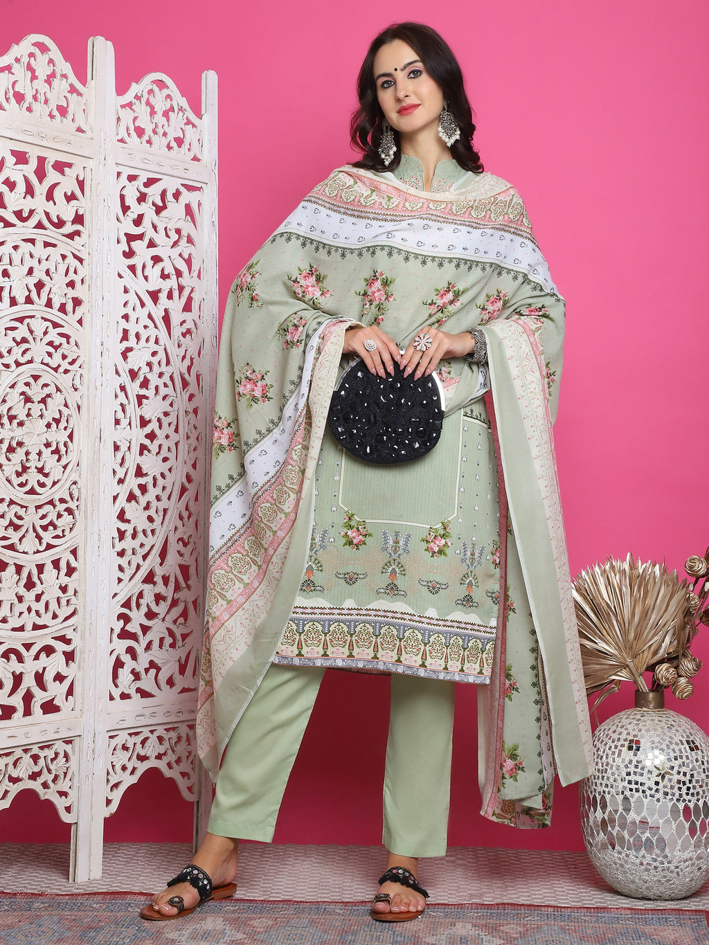 Jyoti Fashion Women's Green Cotton Floral Digital Print with Resham Thread Work Kurta with Trouser & Dupatta | Grocsy