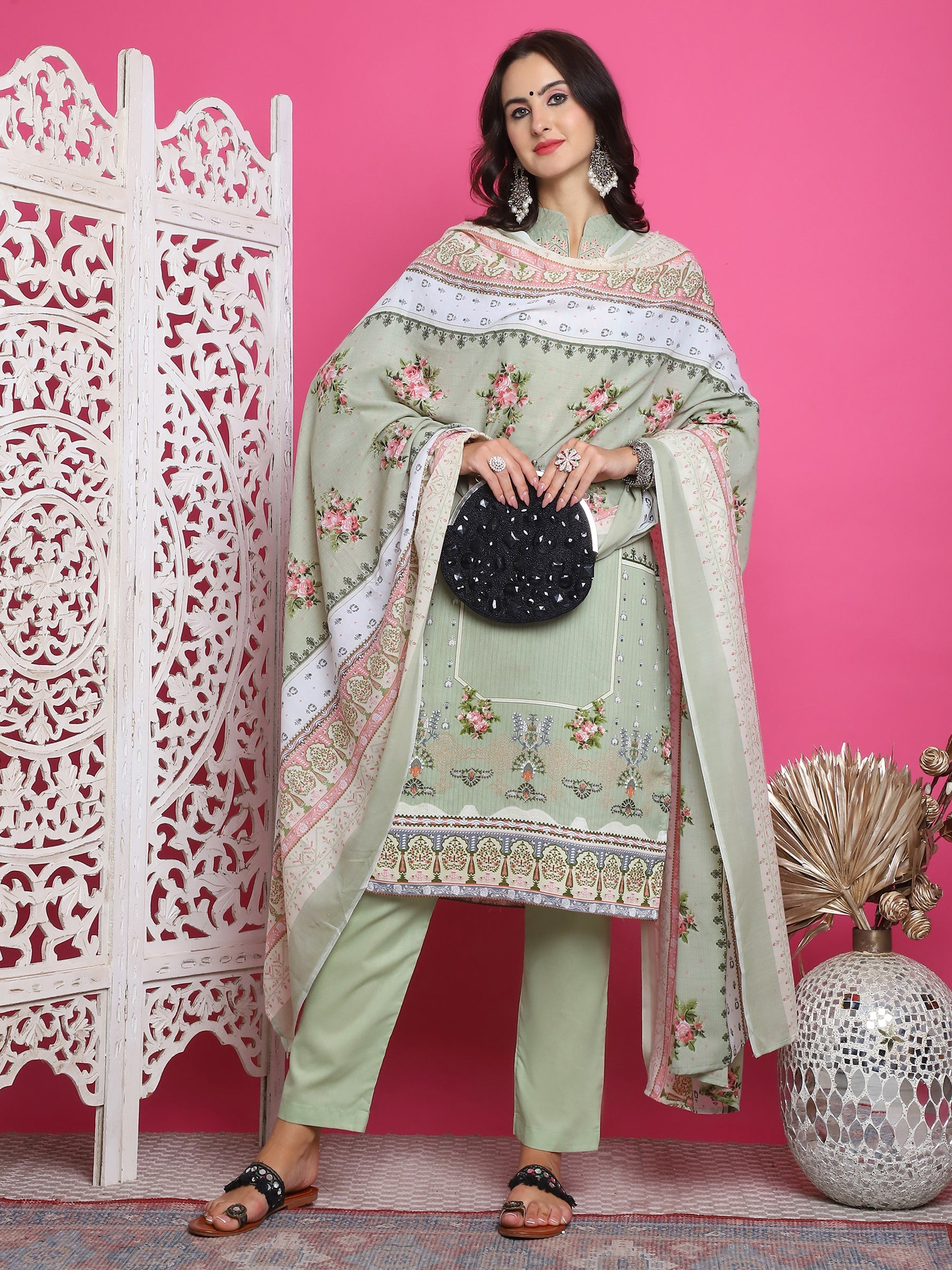 Jyoti Fashion Women's Green Cotton Floral Digital Print with Resham Thread Work Kurta with Trouser & Dupatta | Grocsy