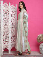 Jyoti Fashion Women's Green Cotton Floral Digital Print with Resham Thread Work Kurta with Trouser & Dupatta | Grocsy