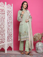 Jyoti Fashion Women's Green Cotton Floral Digital Print with Resham Thread Work Kurta with Trouser & Dupatta | Grocsy