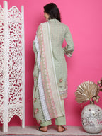 Jyoti Fashion Women's Green Cotton Floral Digital Print with Resham Thread Work Kurta with Trouser & Dupatta | Grocsy