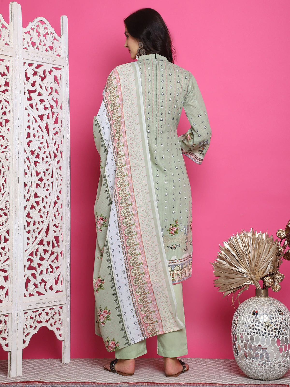 Jyoti Fashion Women's Green Cotton Floral Digital Print with Resham Thread Work Kurta with Trouser & Dupatta | Grocsy