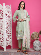 Jyoti Fashion Women's Green Cotton Floral Digital Print with Resham Thread Work Kurta with Trouser & Dupatta | Grocsy