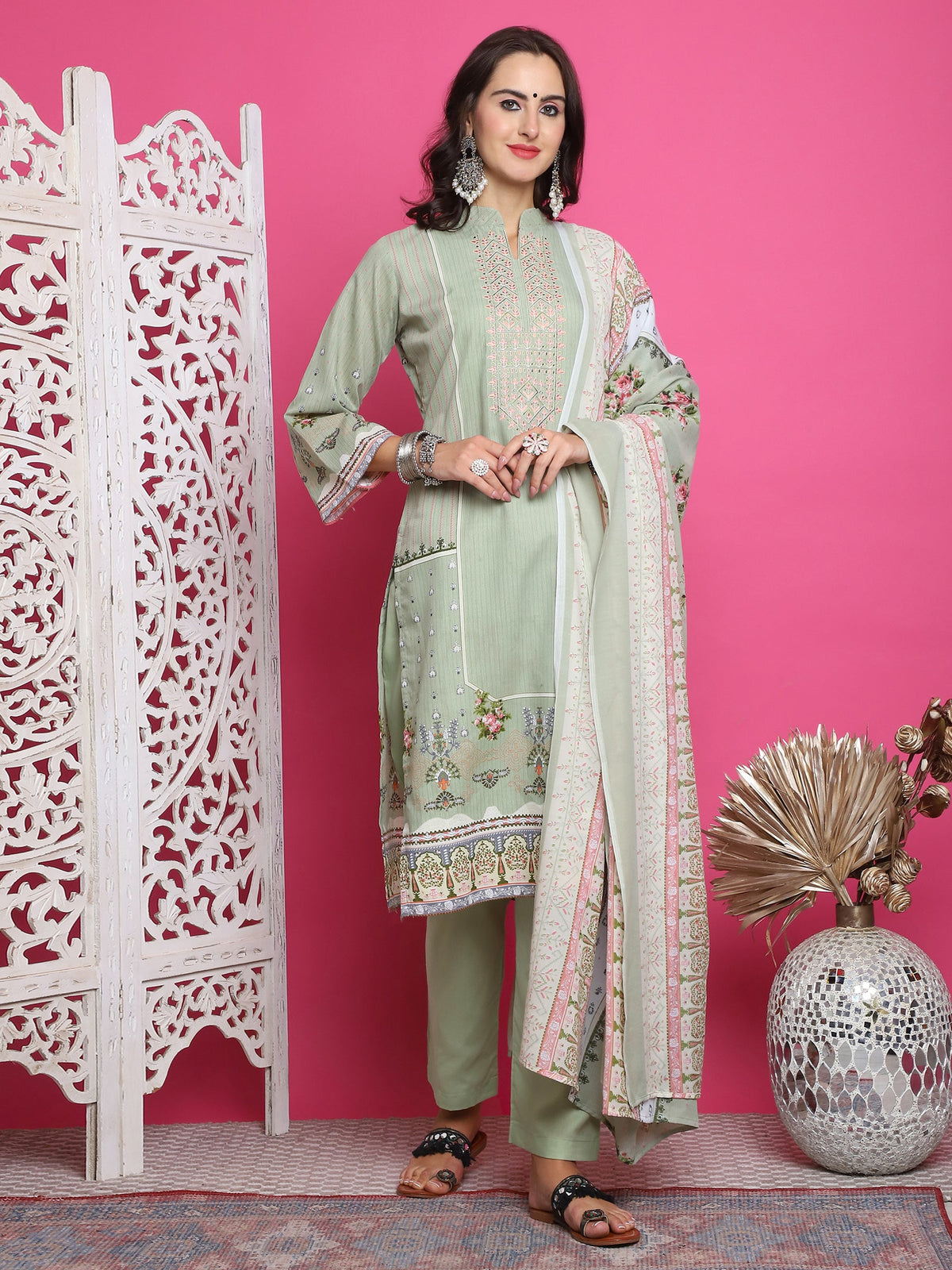 Jyoti Fashion Women's Green Cotton Floral Digital Print with Resham Thread Work Kurta with Trouser & Dupatta | Grocsy