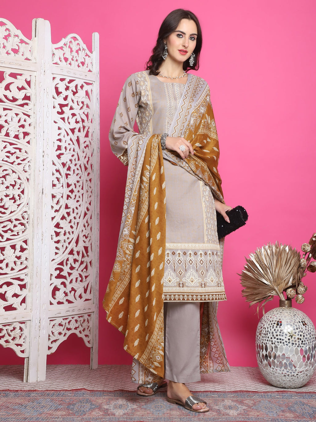 Jyoti Fashion Women's Grey Cotton Floral Digital Print with Resham Thread Work Kurta with Trouser & Dupatta | Grocsy