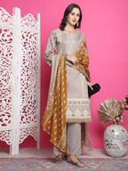 Jyoti Fashion Women's Grey Cotton Floral Digital Print with Resham Thread Work Kurta with Trouser & Dupatta | Grocsy