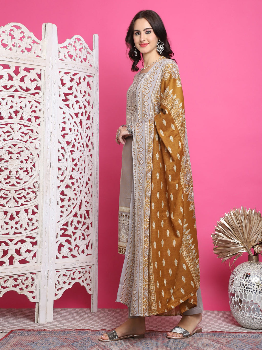 Jyoti Fashion Women's Grey Cotton Floral Digital Print with Resham Thread Work Kurta with Trouser & Dupatta | Grocsy