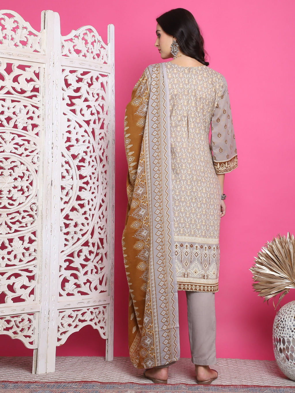 Jyoti Fashion Women's Grey Cotton Floral Digital Print with Resham Thread Work Kurta with Trouser & Dupatta | Grocsy