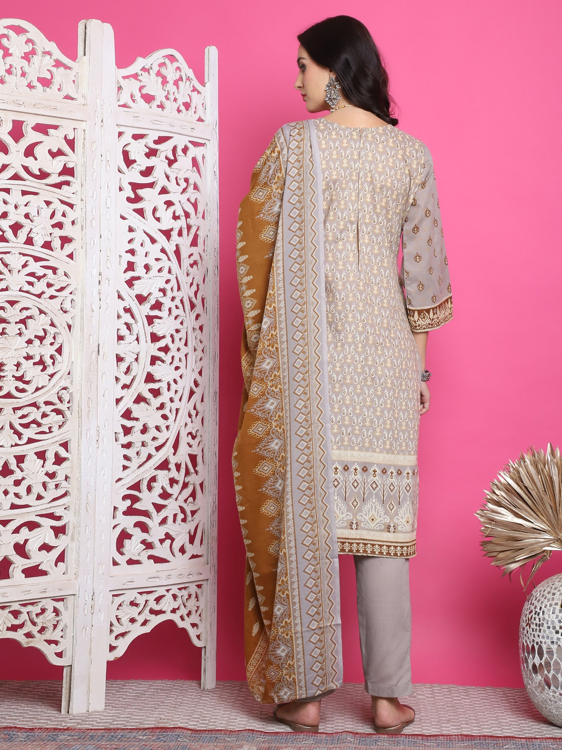 Jyoti Fashion Women's Grey Cotton Floral Digital Print with Resham Thread Work Kurta with Trouser & Dupatta | Grocsy