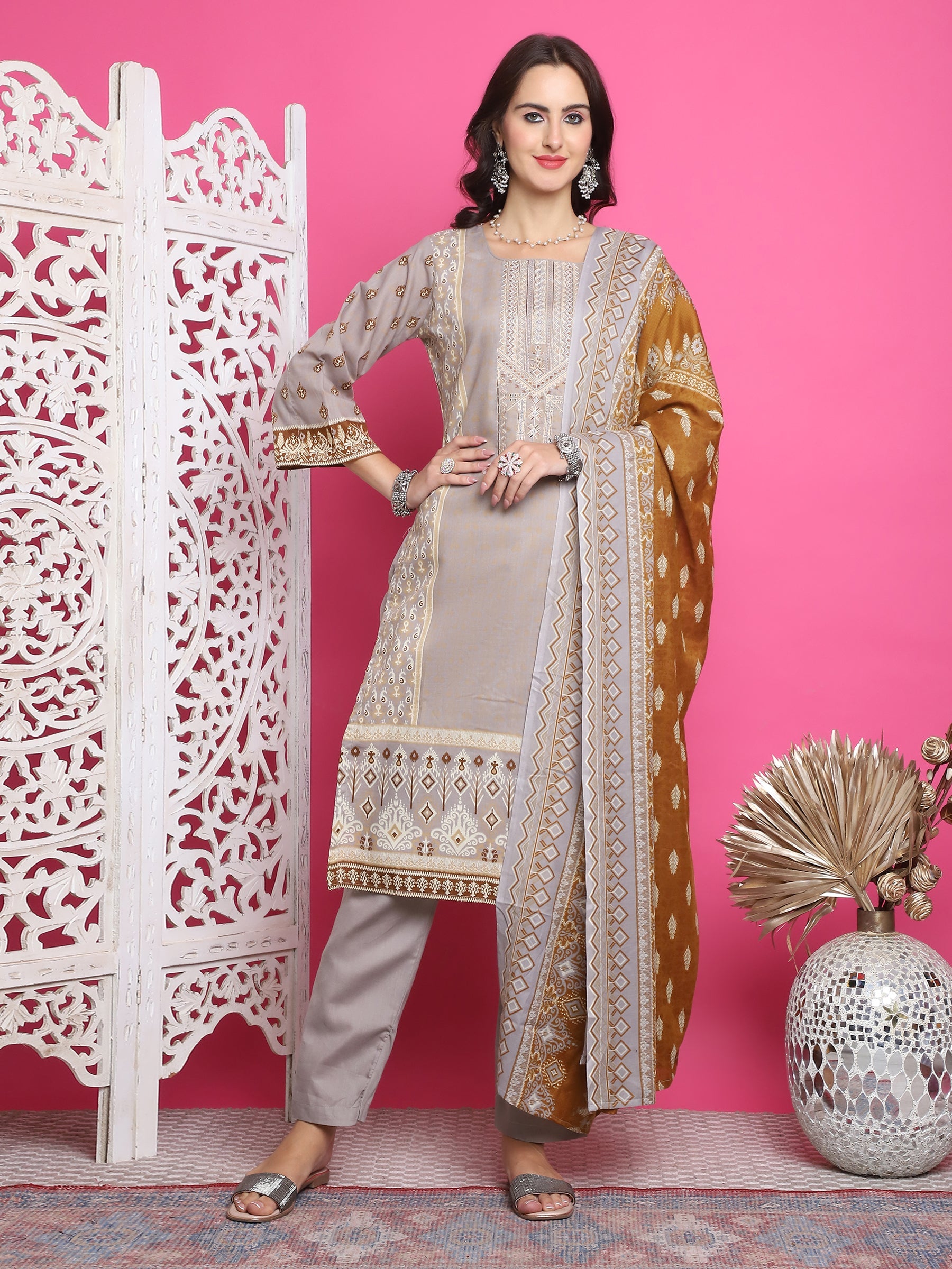 Jyoti Fashion Women's Grey Cotton Floral Digital Print with Resham Thread Work Kurta with Trouser & Dupatta | Grocsy