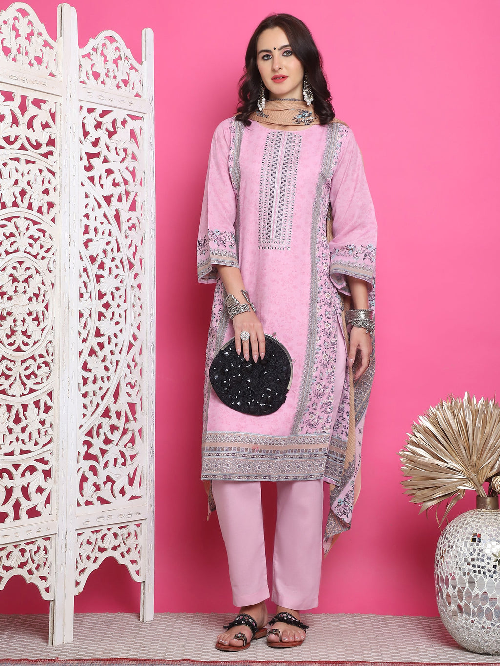 Jyoti Fashion Women's Pink Cotton Floral Digital Print with Resham Thread Work Kurta with Trouser & Dupatta | Grocsy