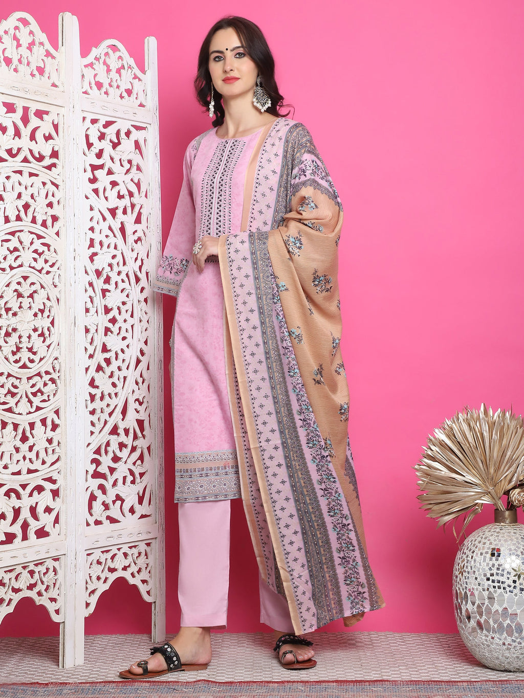 Jyoti Fashion Women's Pink Cotton Floral Digital Print with Resham Thread Work Kurta with Trouser & Dupatta | Grocsy