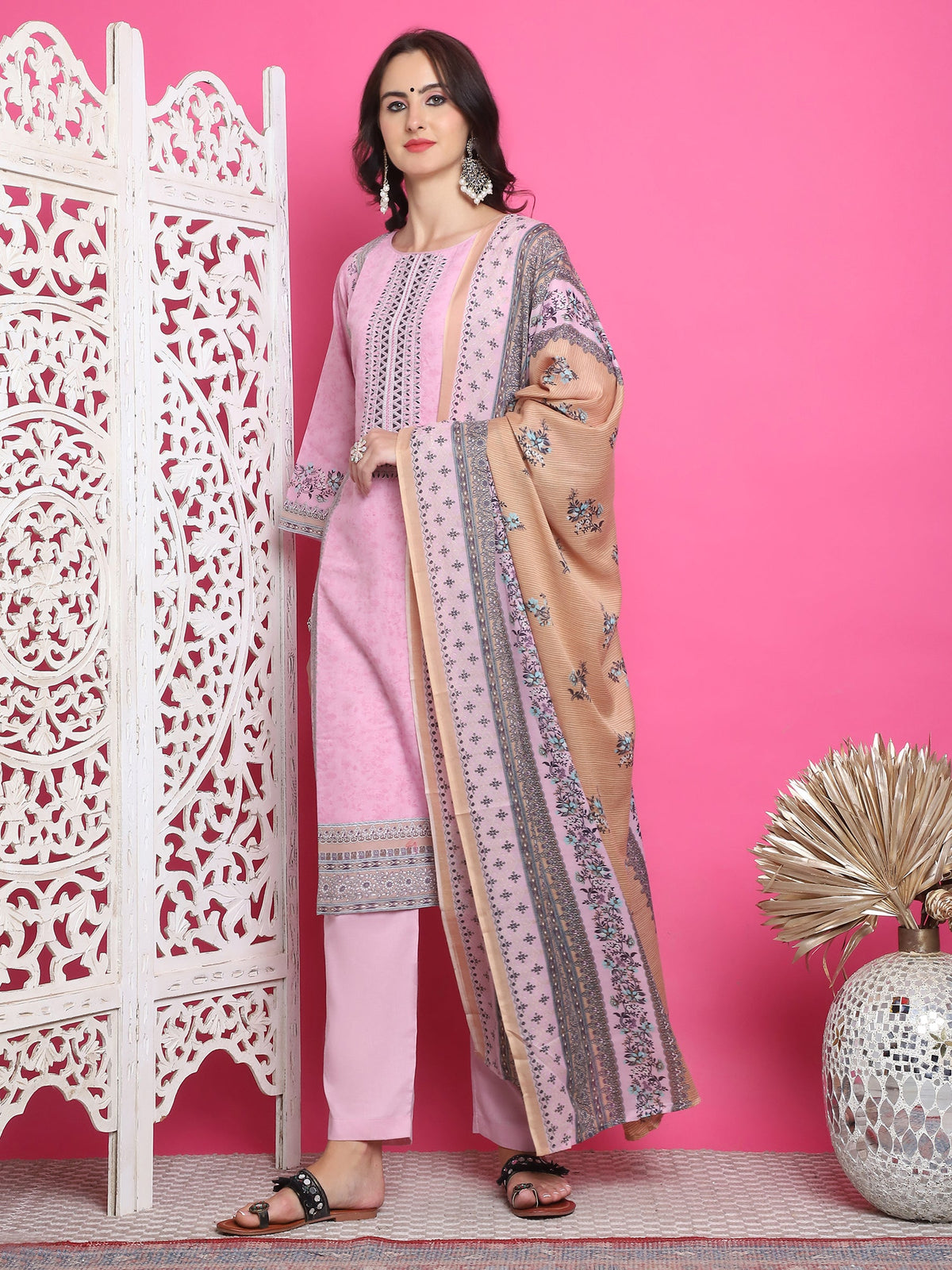 Jyoti Fashion Women's Pink Cotton Floral Digital Print with Resham Thread Work Kurta with Trouser & Dupatta | Grocsy