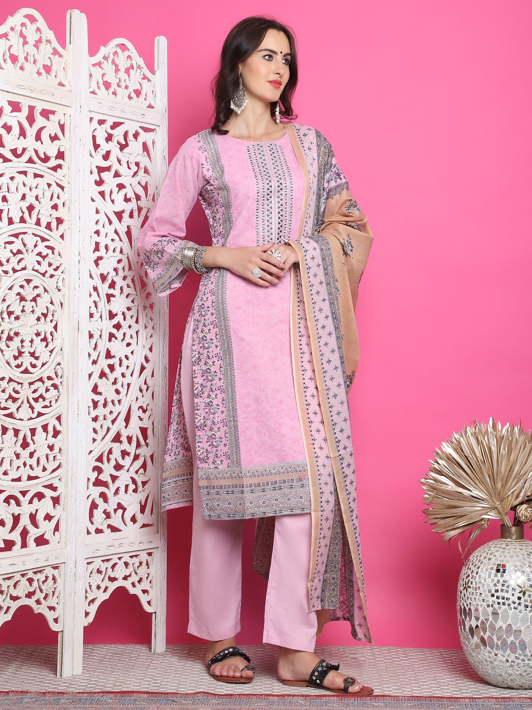 Jyoti Fashion Women's Pink Cotton Floral Digital Print with Resham Thread Work Kurta with Trouser & Dupatta | Grocsy